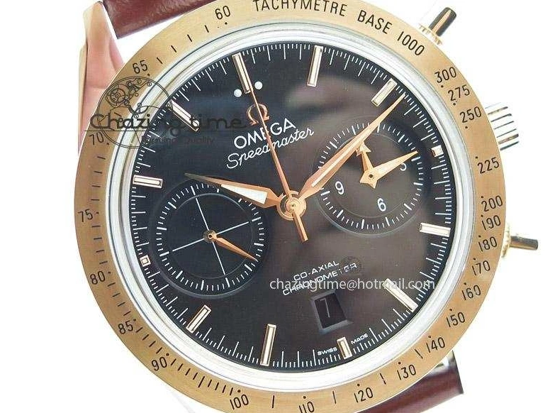 0205 Speedmaster ’57 SS Chrono AXF Best Edition RG Bezel Black Dial on Brown Leather Strap A Sustainable 8282